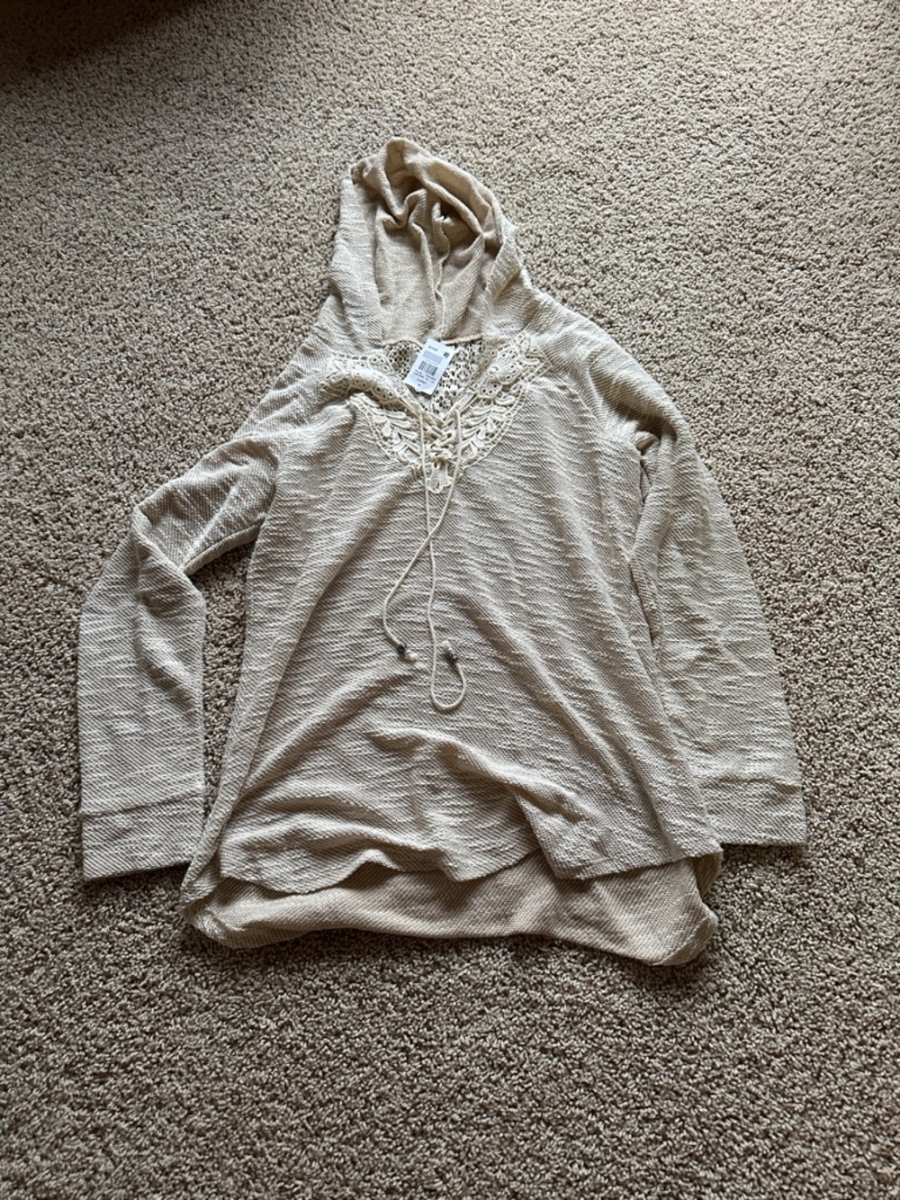 Vanity Cream Hooded Crochet-Detail Sweater